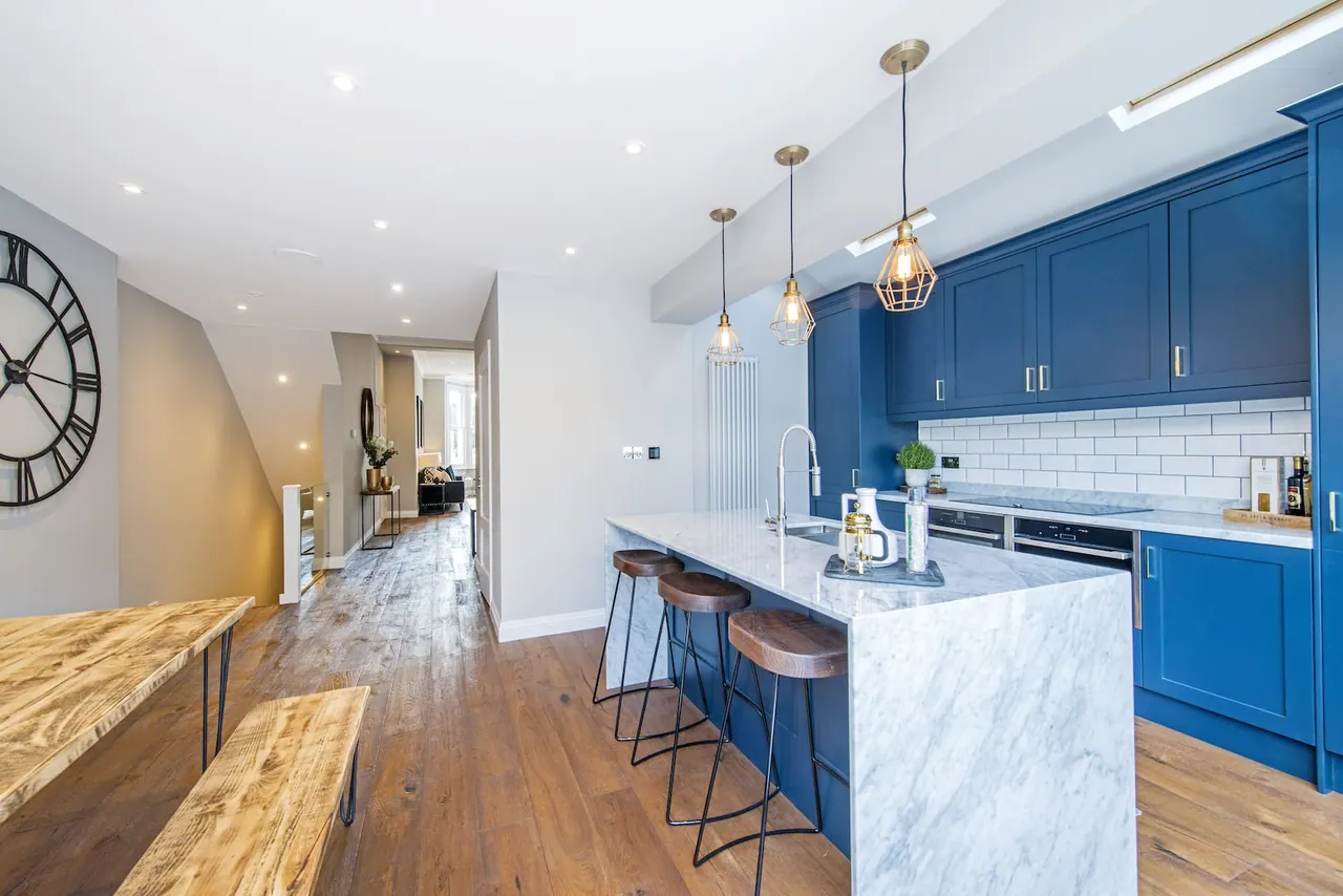 Kitchen island and dining area within the remodelled floor