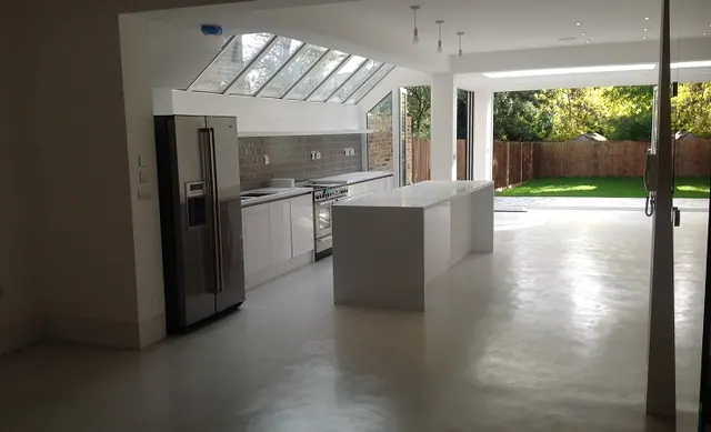 Open-plan kitchen and dining, looking out to the garden